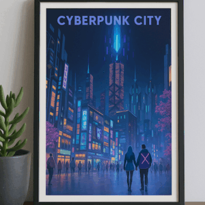 Cyberpunk City Poster, Futuristic Neon Night Street Art with Skyscrapers and Couple