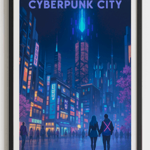Cyberpunk City Poster Futuristic Neon Night Street Art with Skyscrapers and Couple 3