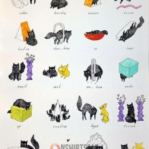 Dutch Prepositions with Cats Poster, Whimsical Cat  Unique Art Print