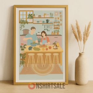 Framed Cozy Kitchen Wall Art Couple Cooking Together 2