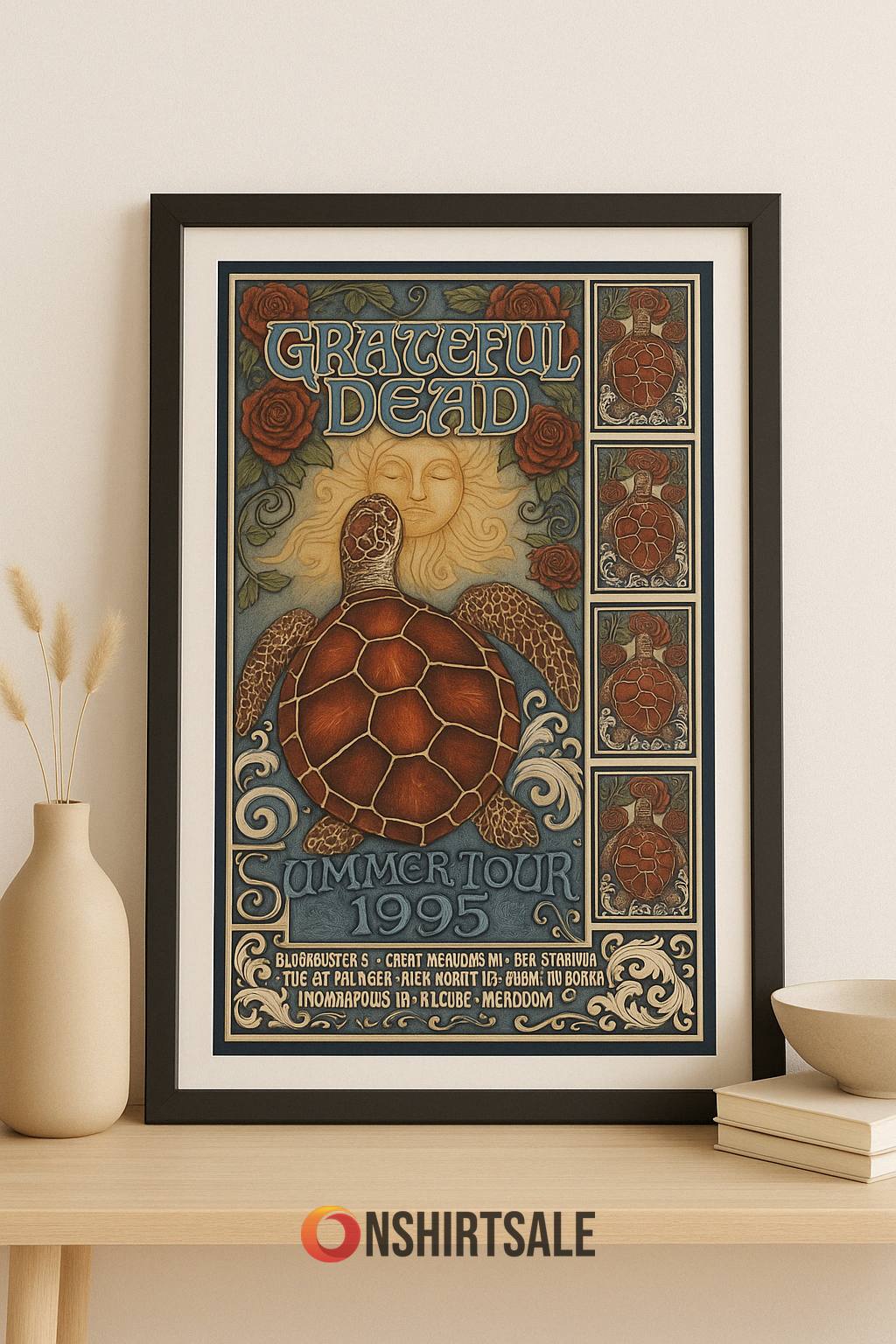 Grateful Dead Summer Tour 1995 Framed Poster, Canvas Vintage Sea Turtle Psychedelic Art Wall Decor for Music