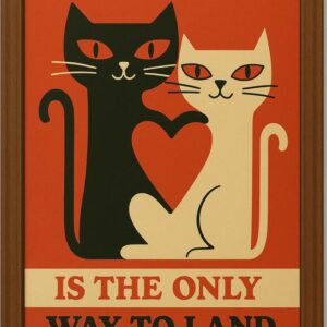Hand in Hand Cat Poster, Vintage Retro Style Wall Art with Black and White Cats and Heart Design