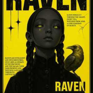 Raven Dark Art Poster Mysterious Girl and Bird Illustration Gothic Yellow Wall Art Print