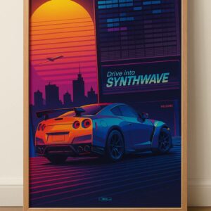 Synthwave Retro Car Poster, Neon Sunset Cityscape Wall Art