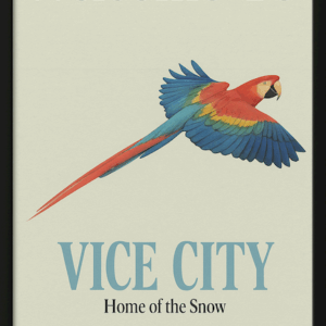 Vice City Travel Poster, Retro Macaw Wall Art Print with Home of the Snow