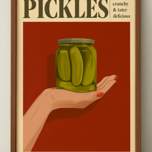 Vintage Pickles Poster, Crunchy Juicy Delicious Retro Jar Art Print for Kitchen Wall Decor