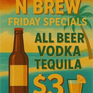 Billiards N Brew Friday Specials Poster, Retro Beach Bar Sign with $3 Beer, Vodka, and Tequila Drink Deal