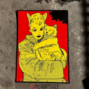 Bold Pop Art Cat Lover Poster, Retro Comic Style Woman Hugging Cat Wall Art