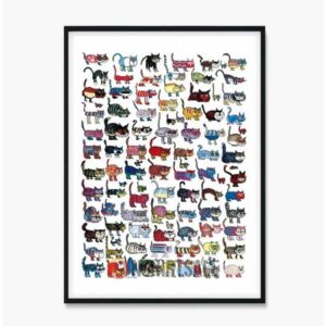 Colorful Cartoon Cat Wall Art Print, Fun Framed Poster for Cat Lovers, Kids’ Rooms, or Home Decor