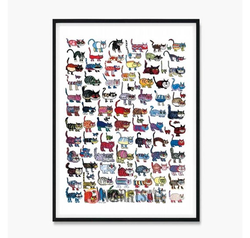 Colorful Cartoon Cat Wall Art Print, Fun Framed Poster for Cat Lovers, Kids’ Rooms, or Home Decor
