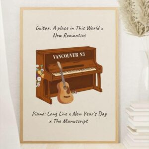 Vancouver N3 Piano and Guitar, Minimalist Music Art Poster Featuring Song Titles and Instruments