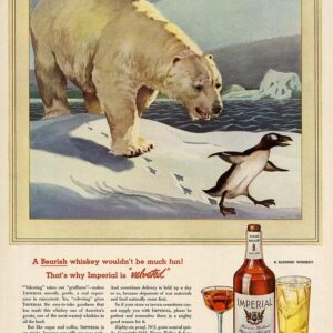 Vintage Imperial Whiskey Advertisement Poster, 1943 Polar Bear and Penguin Art Print